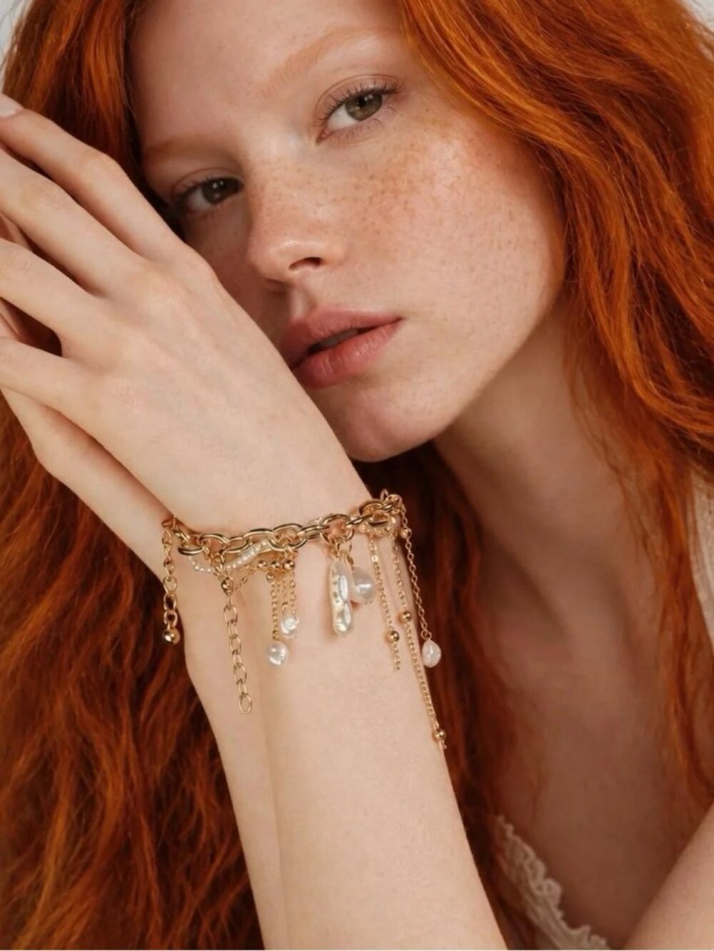 Gold Pearl Charm Chain Bracelet - Women Jewelry